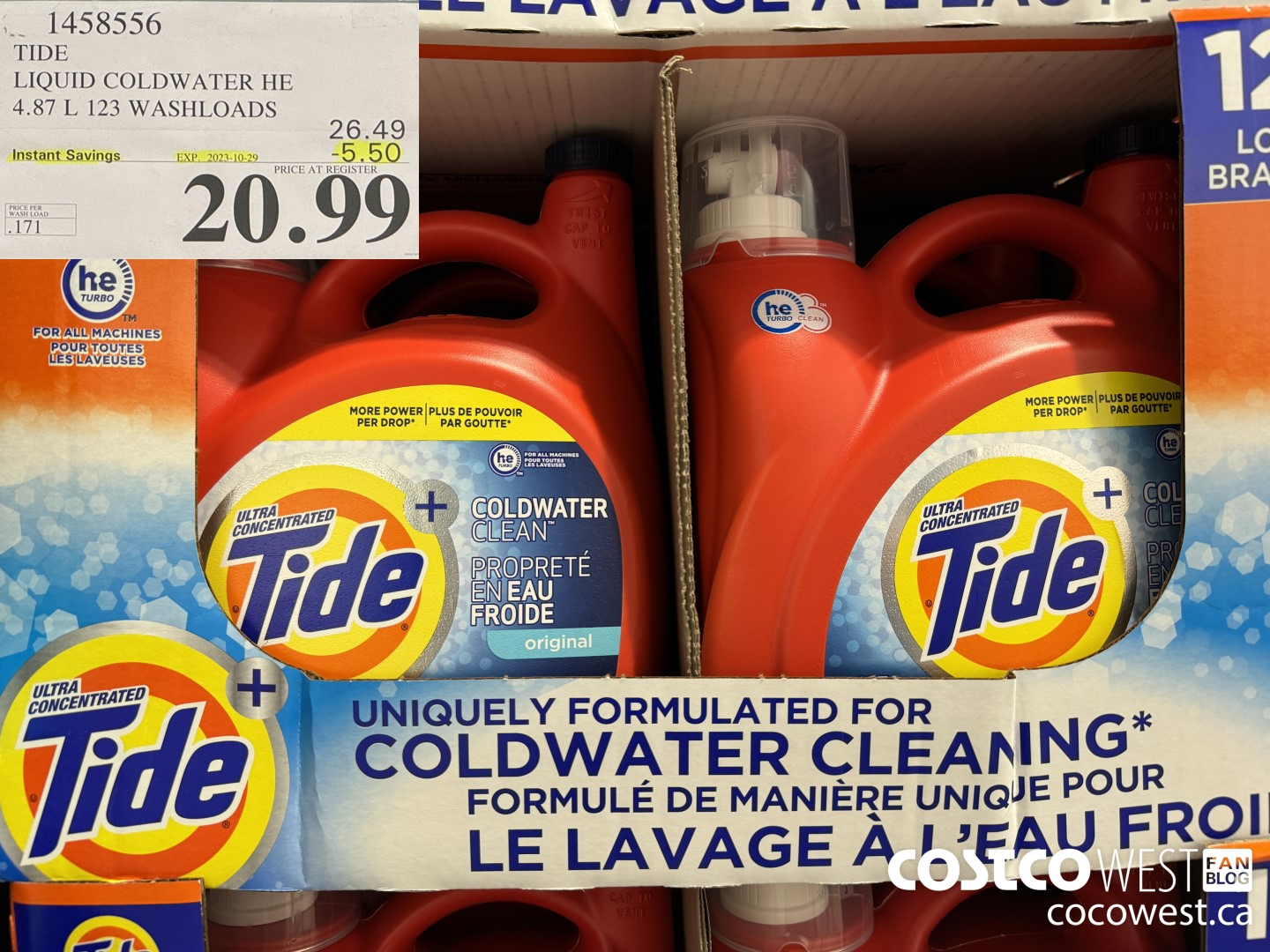1458556 TIDE LIQUID COLDWATER HE 4.78 L 123 WASHLOADS  ($5.50 INSTANT SAVINGS EXPIRES ON 2023-10-29) $20.99