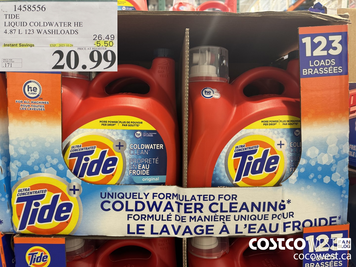 1458556 TIDE LIQUID COLDWATER HE 4.78 L 123 WASHLOADS  ($5.50 INSTANT SAVINGS EXPIRES ON 2023-10-29) $20.99