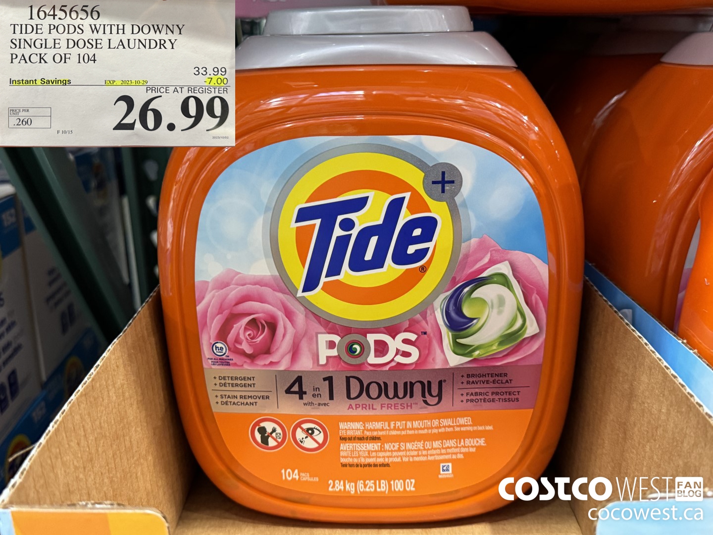 1645656 TIDE PODS WITH DOWNY SINGLE DOSE LAUNDRY 104 PACS ($7.00 INSTANT SAVINGS EXPIRES ON 2023-10-29) $26.99