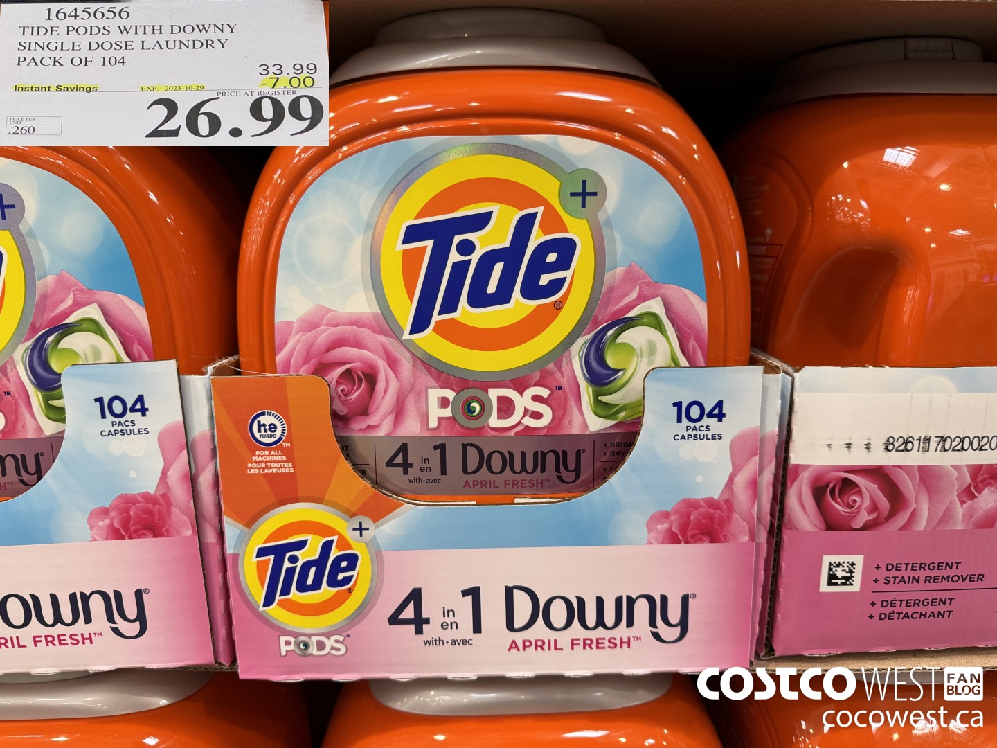1645656 TIDE PODS WITH DOWNY SINGLE DOSE LAUNDRY 104 PACS ($7.00 INSTANT SAVINGS EXPIRES ON 2023-10-29) $26.99