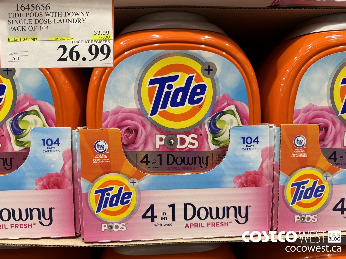 1645656 TIDE PODS WITH DOWNY SINGLE DOSE LAUNDRY 104 PACS ($7.00 INSTANT SAVINGS EXPIRES ON 2023-10-29) $26.99
