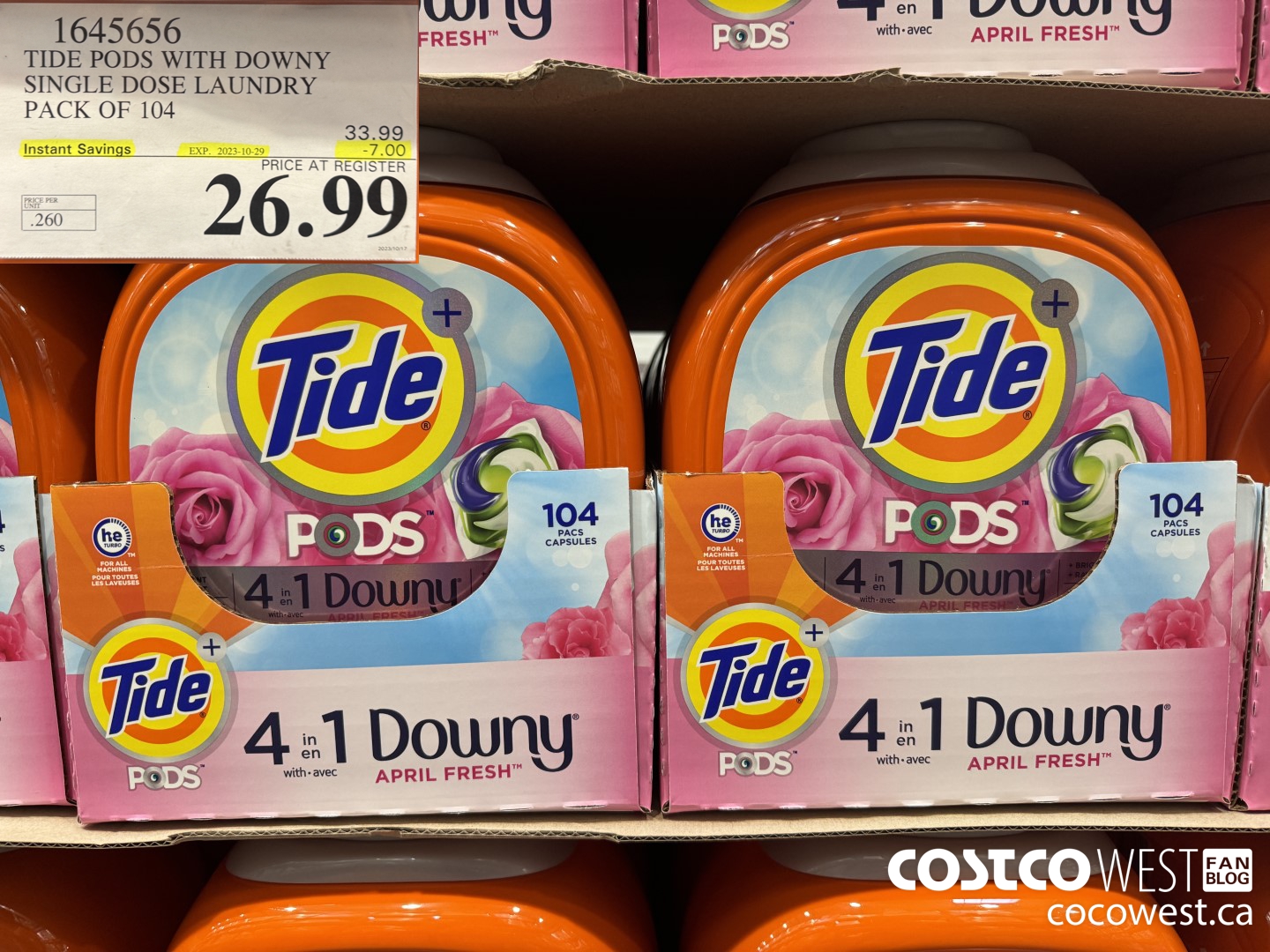1645656 TIDE PODS WITH DOWNY SINGLE DOSE LAUNDRY 104 PACS ($7.00 INSTANT SAVINGS EXPIRES ON 2023-10-29) $26.99