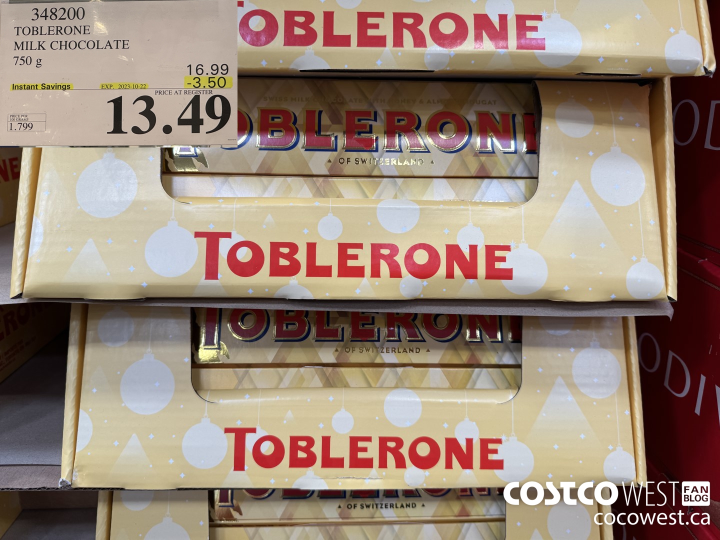 348200 TOBLERONE MILK CHOCOLATE 750 G ($3.50 INSTANT SAVINGS EXPIRES ON 2023-10-22) $13.49