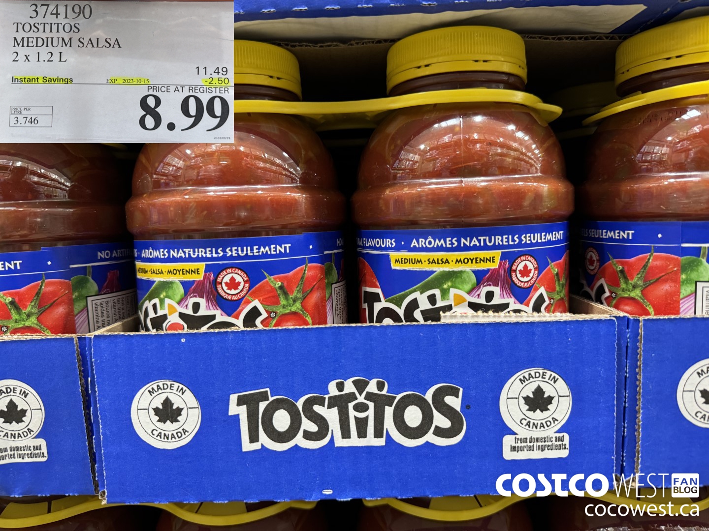 374190 TOSTITOS MEDIUM SALSA 2 X 1.2 L ($2.50 INSTANT SAVINGS EXPIRES ON 2023-10-15) $8.99