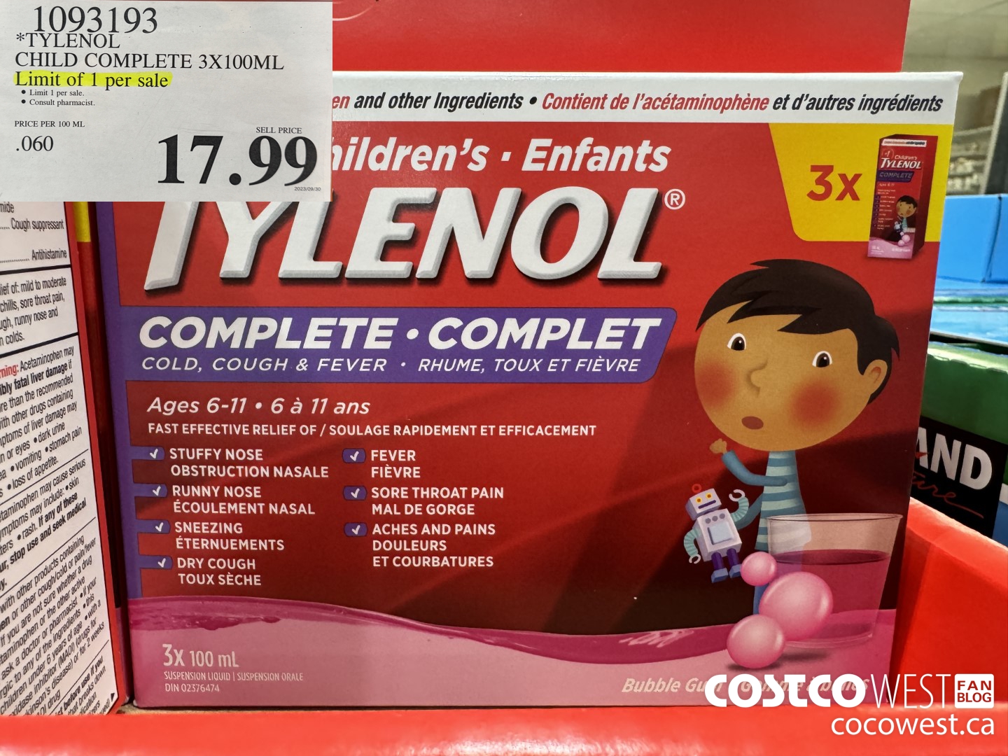 1093193 TYLENOL CHILD COMPLETE 3 X 100 ML $17.99