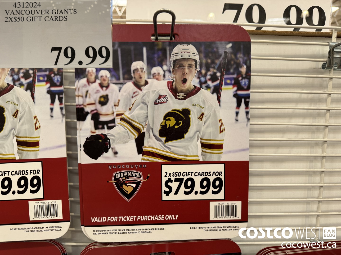 4312024 VANCOUVER GIANTS 2X$50 GIFT CARDS $79.99