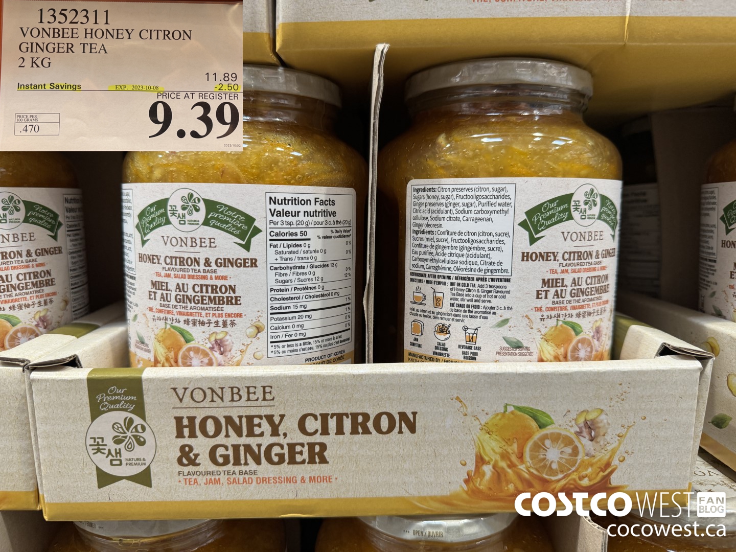 1352311 VONBEE HONEY CITRON GINGER TEA 2KG ($2.50 INSTANT SAVINGS EXPIRES ON 2023-10-08) $9.39