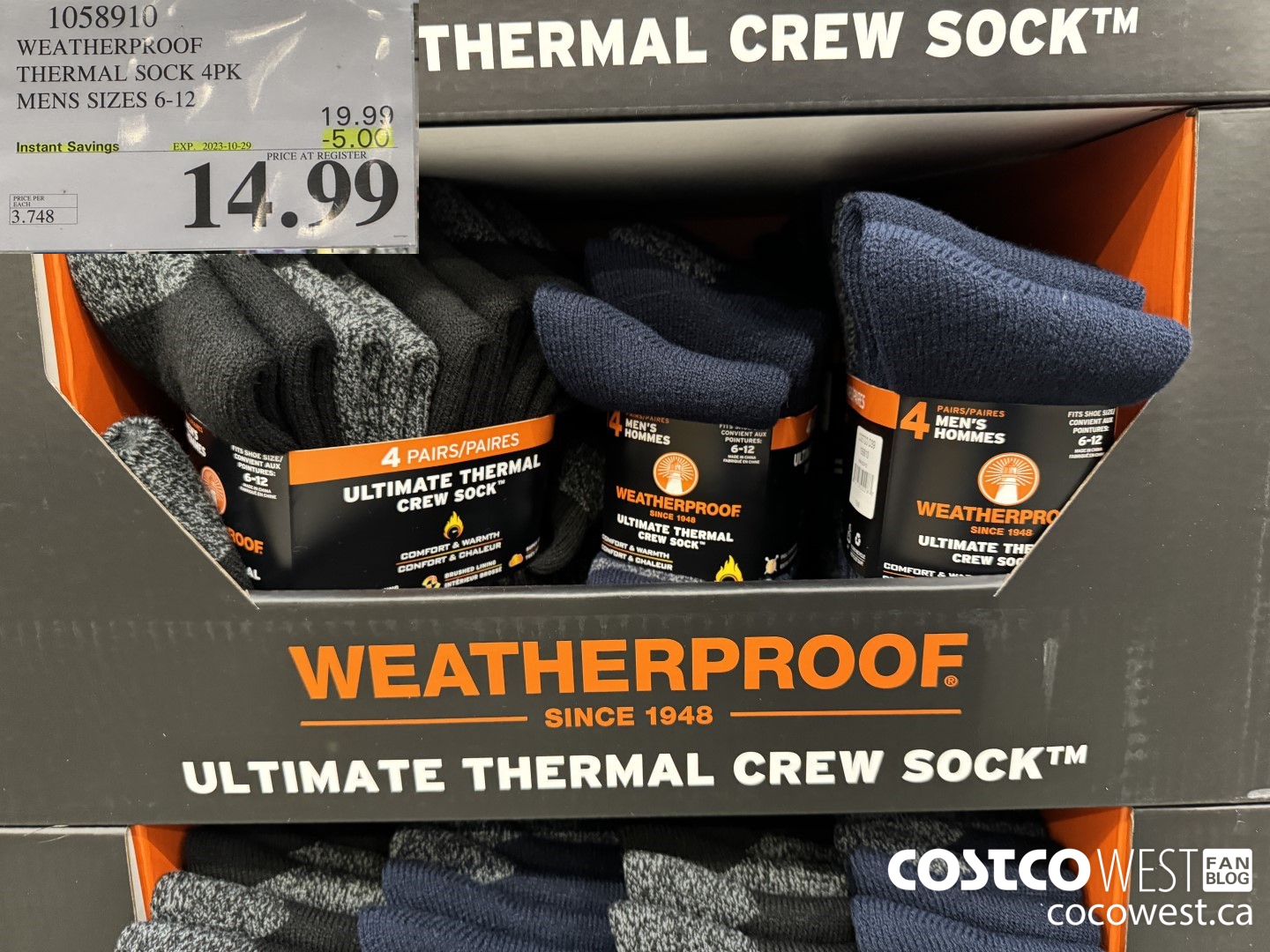 1058910 WEATHERPROOF THERMAL SOCK 4PK MENS SIZES 6-12 ($5.00 INSTANT SAVINGS EXPIRES ON 2023-10-29) $14.99