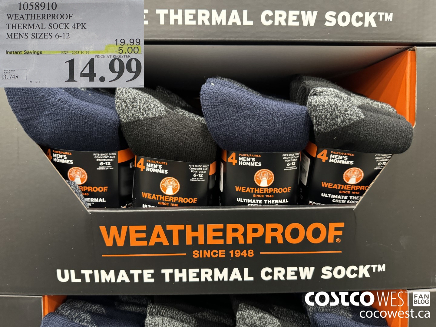 1058910 WEATHERPROOF THERMAL SOCK 4PK MENS SIZES 6-12 ($5.00 INSTANT SAVINGS EXPIRES ON 2023-10-29) $14.99