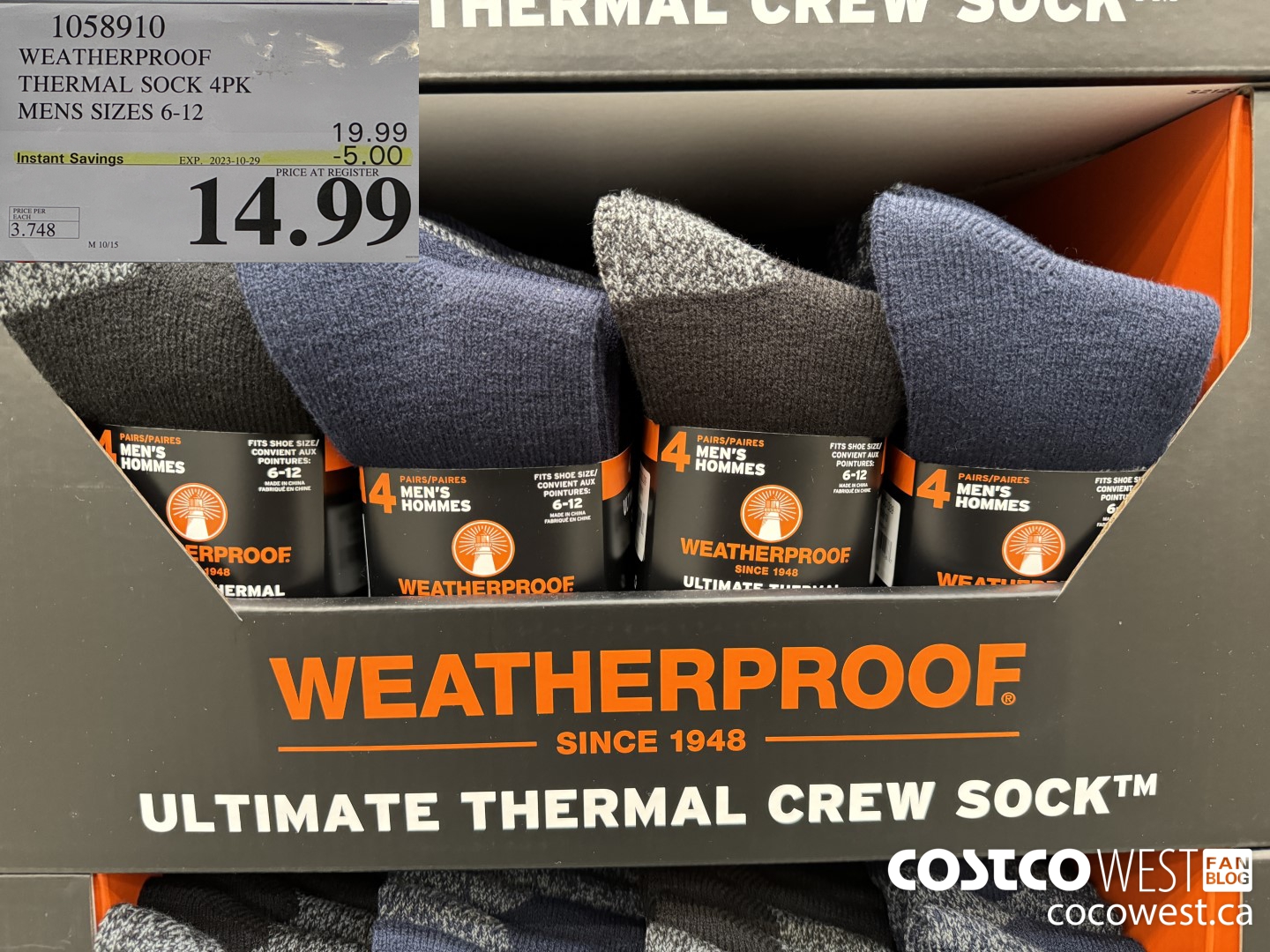 1058910 WEATHERPROOF THERMAL SOCK 4PK MENS SIZES 6-12 ($5.00 INSTANT SAVINGS EXPIRES ON 2023-10-29) $14.99