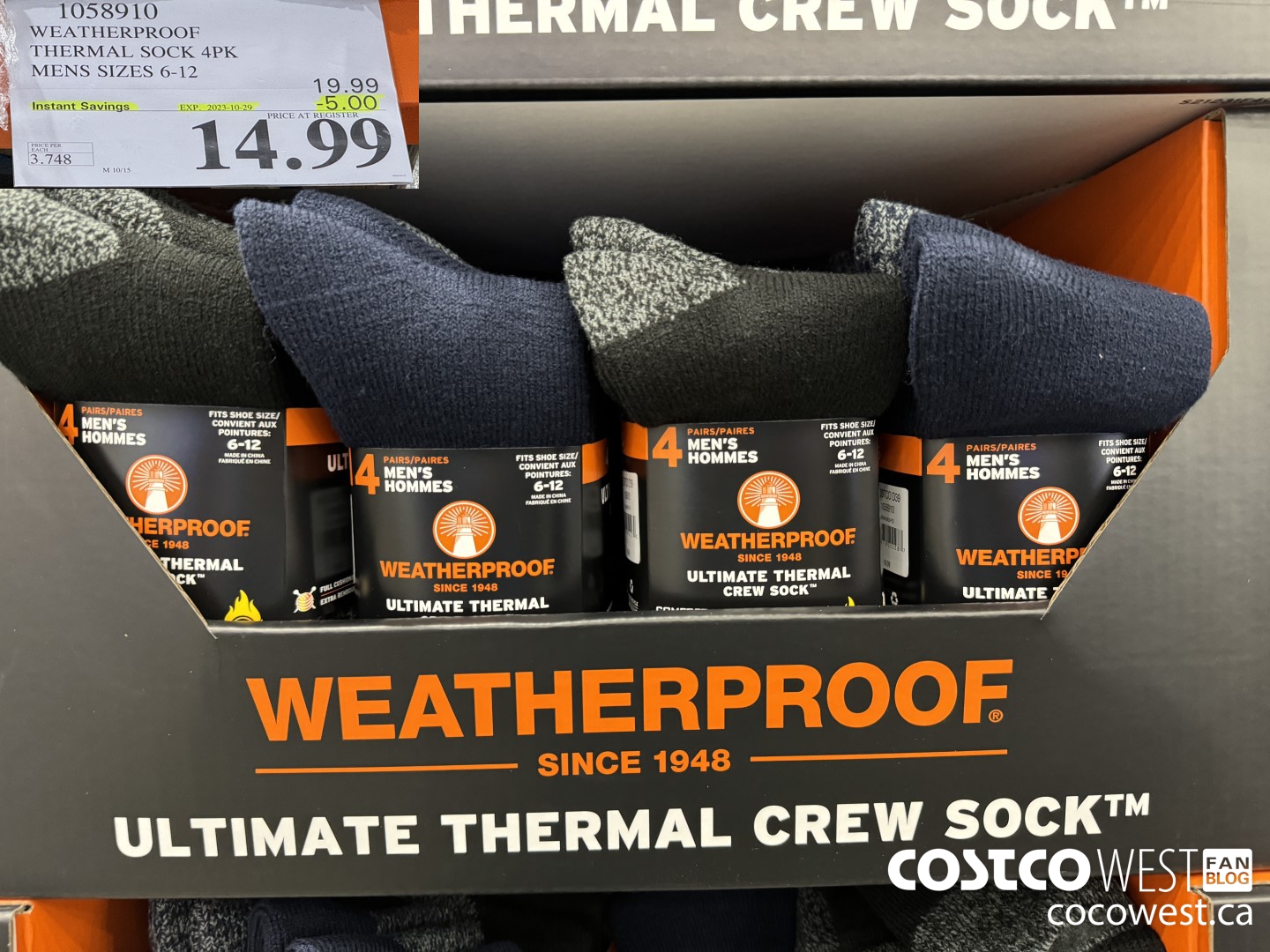 1058910 WEATHERPROOF THERMAL SOCK 4PK MENS SIZES 6 12 5 00 INSTANT