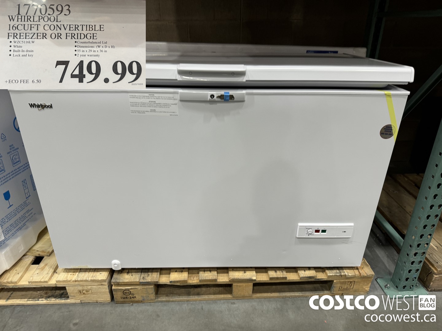 1770593 WHIRLPOOL 16CUFT CONVERTIBLE FREEZER OR FRIDGE $749.99