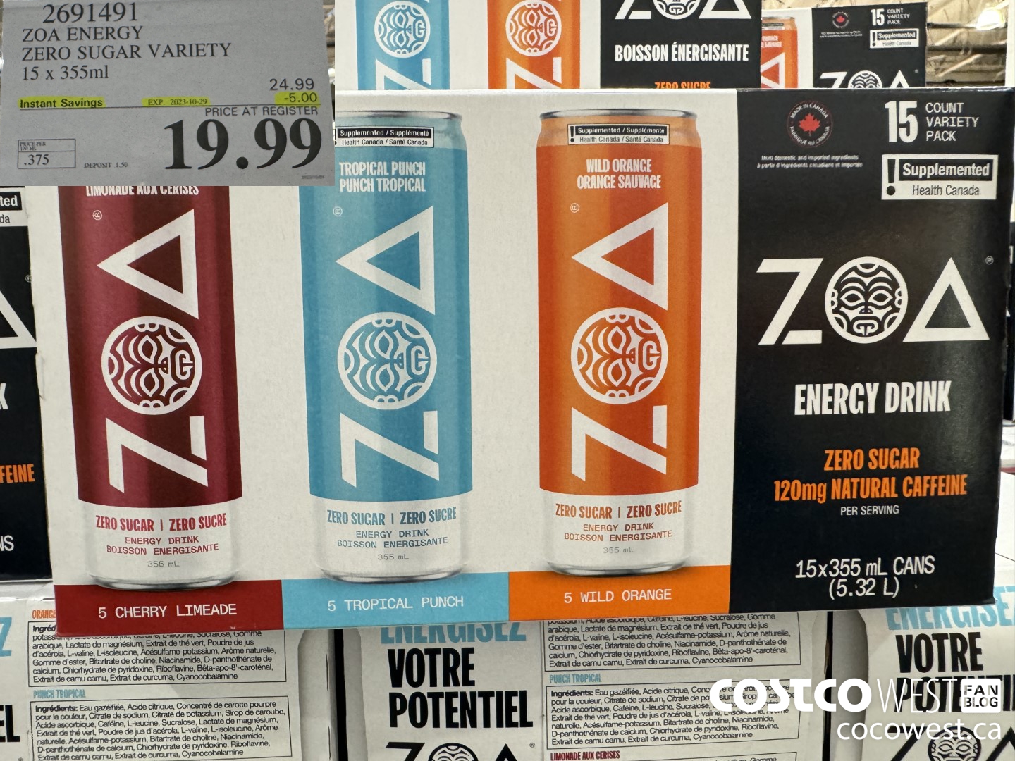 2691491 ZOA ENERGY ZERO SUGAR VARIETY 15 X 355ML ($5.00 INSTANT SAVINGS EXPIRES ON 2023-10-29) $19.99