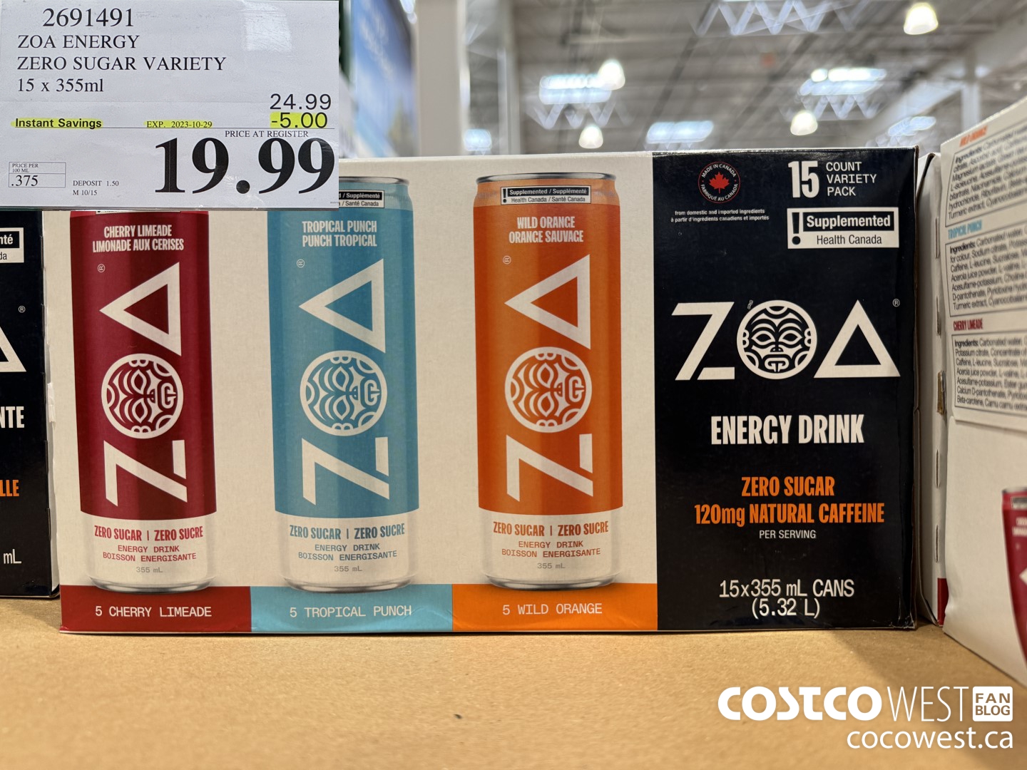 2691491 ZOA ENERGY ZERO SUGAR VARIETY 15 X 355ML ($5.00 INSTANT SAVINGS EXPIRES ON 2023-10-29) $19.99