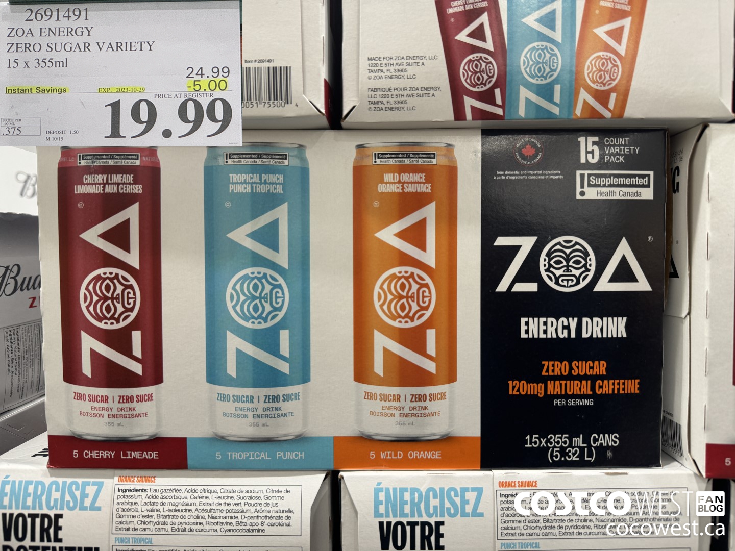 2691491 ZOA ENERGY ZERO SUGAR VARIETY 15 X 355ML ($5.00 INSTANT SAVINGS EXPIRES ON 2023-10-29) $19.99