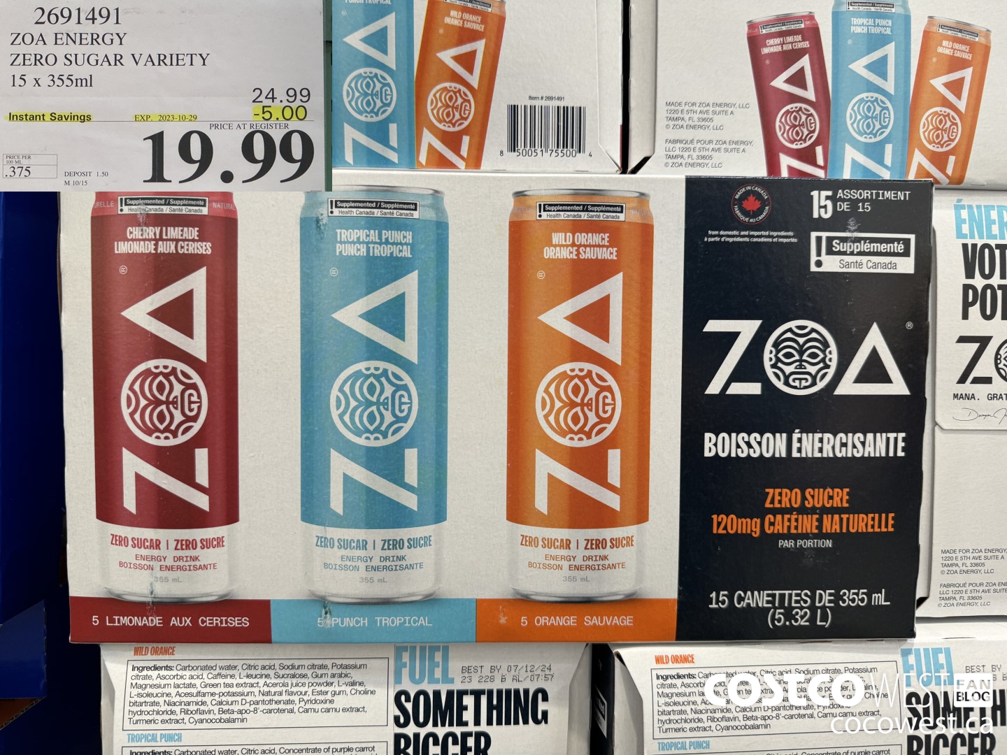 2691491 ZOA ENERGY ZERO SUGAR VARIETY 15 X 355ML ($5.00 INSTANT SAVINGS EXPIRES ON 2023-10-29) $19.99