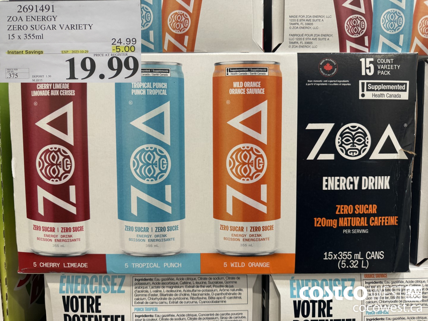 2691491 ZOA ENERGY ZERO SUGAR VARIETY 15 X 355ML ($5.00 INSTANT SAVINGS EXPIRES ON 2023-10-29) $19.99
