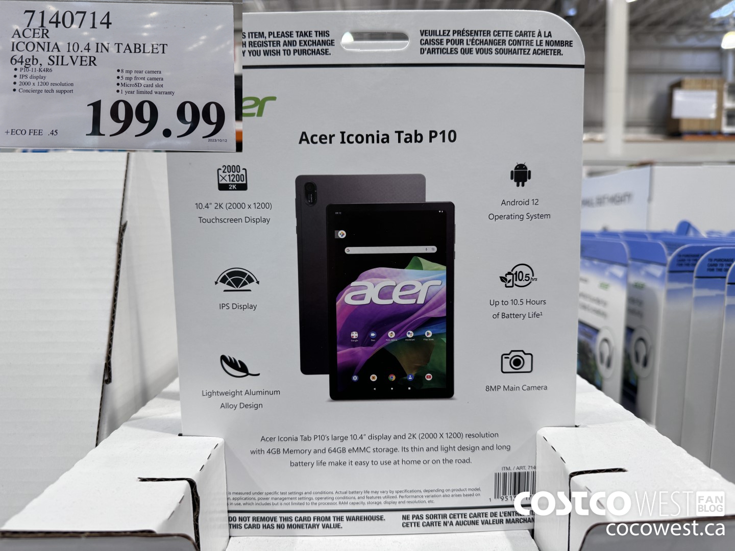 7140714 ACER ICONIA 10.4 IN TABLET 64GB SILVER $199.99