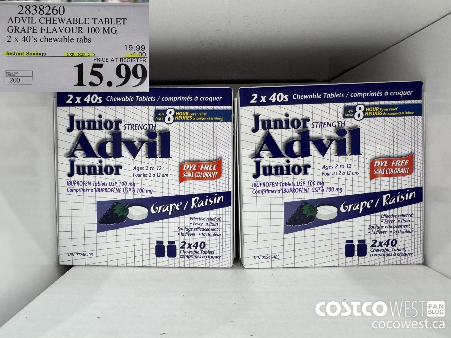 2838260 ADVIL CHEWABLE TABLET GRAPE FLAVOUR 100 MG 2 X 40'S CHEWABLE TABS ($4.00 INSTANT SAVINGS EXPIRES ON 2023-12-10) $15.99