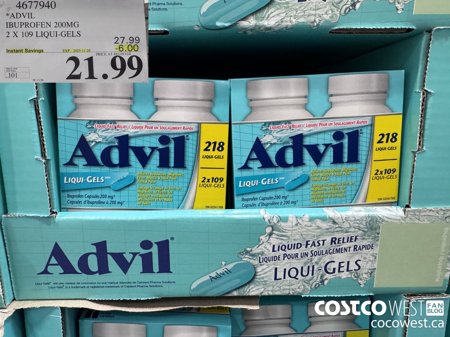 4677940 ADVIL IBUPROFEN 200MG 2 X 109 LIQUI-GELS ($6.00 INSTANT SAVINGS EXPIRES ON 2023-11-26) $21.99