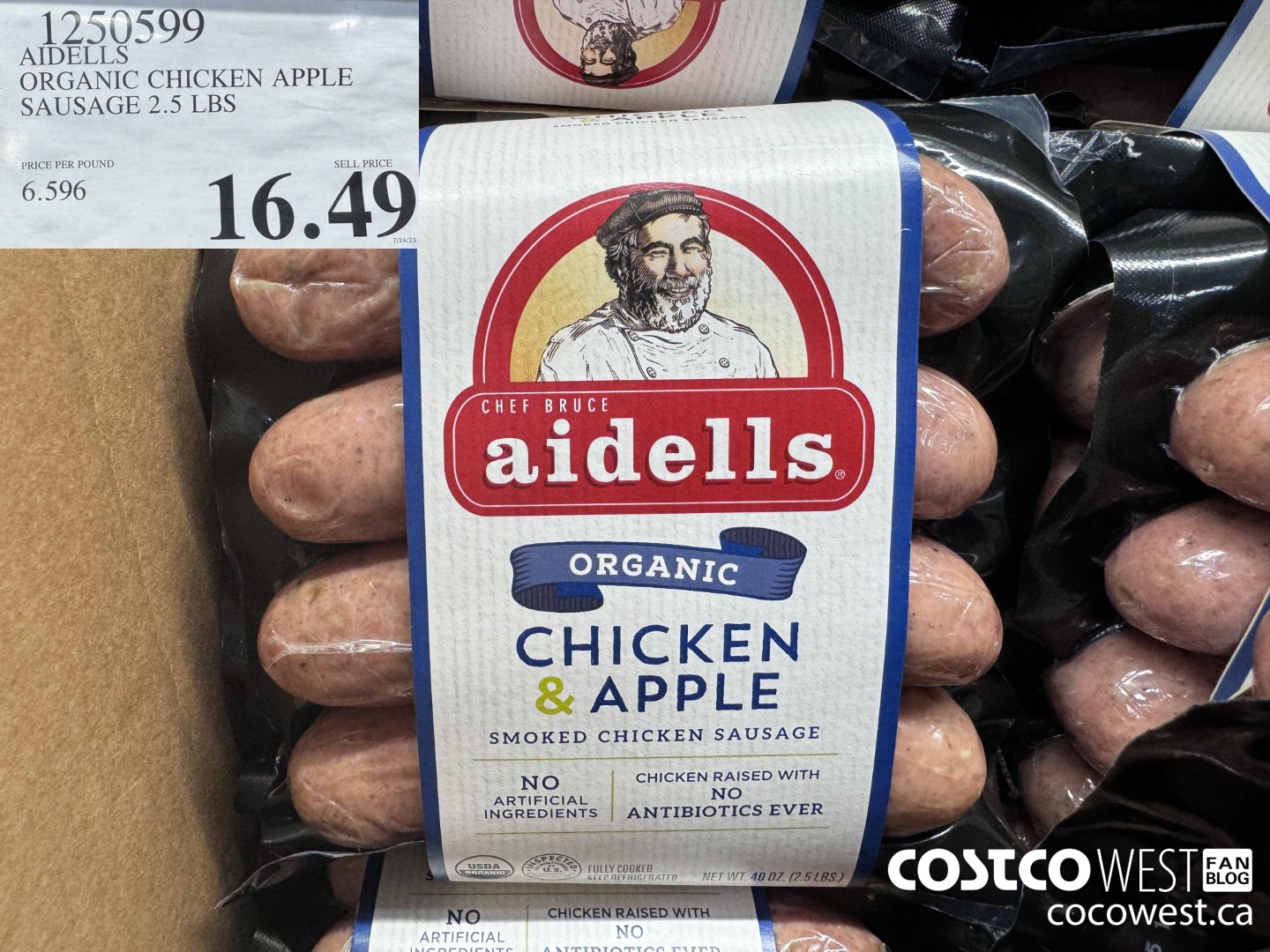 1250599 AIDELLS ORGANIC CHICKEN APPLE SAUSAGE 2.5 LBS  $16.49