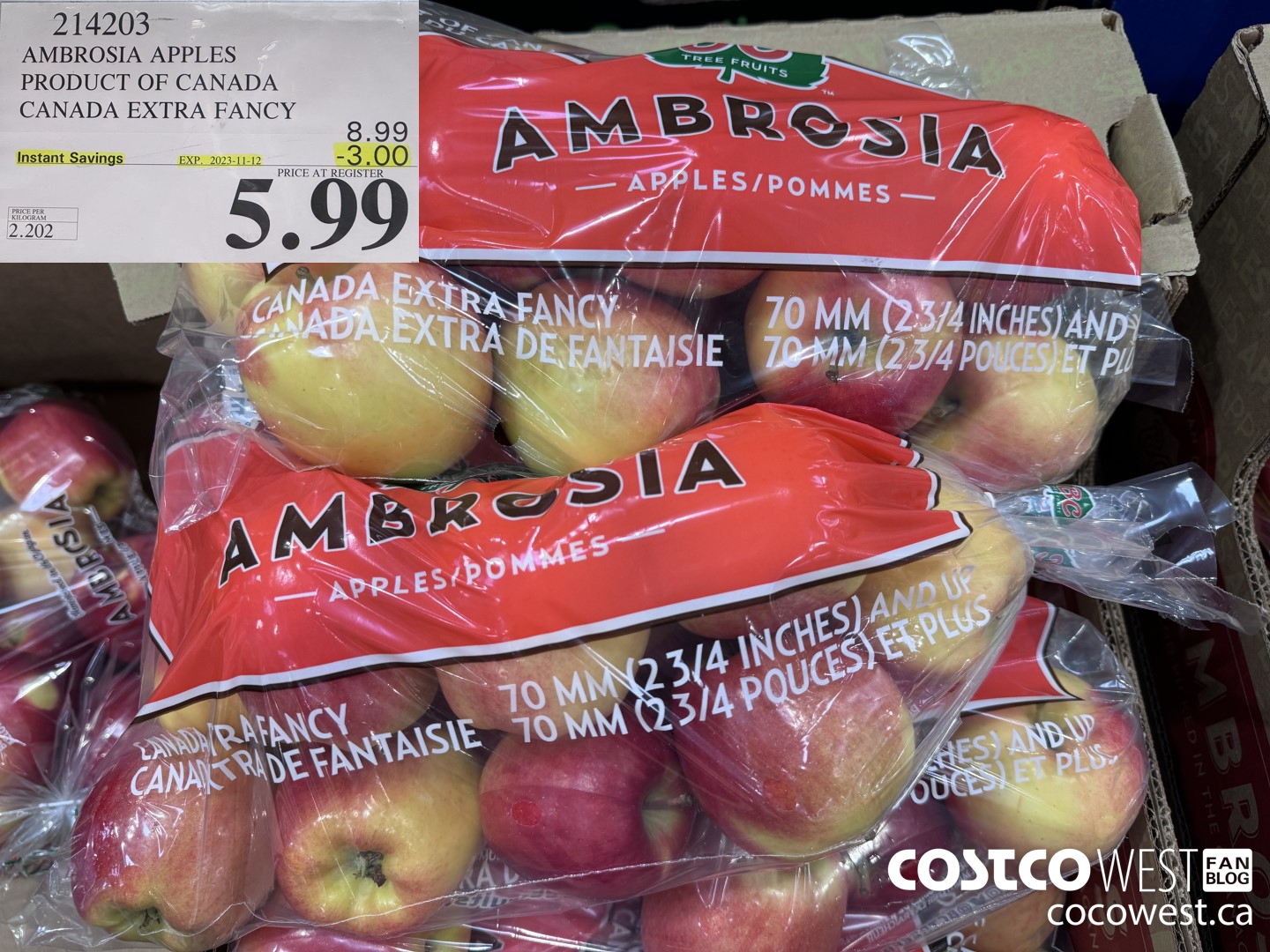 214203 AMBROSIA APPLES PRODUCT OF CANADA EXTRA FANCY ($3.00 INSTANT SAVINGS EXPIRES ON 2023-11-12) $5.99