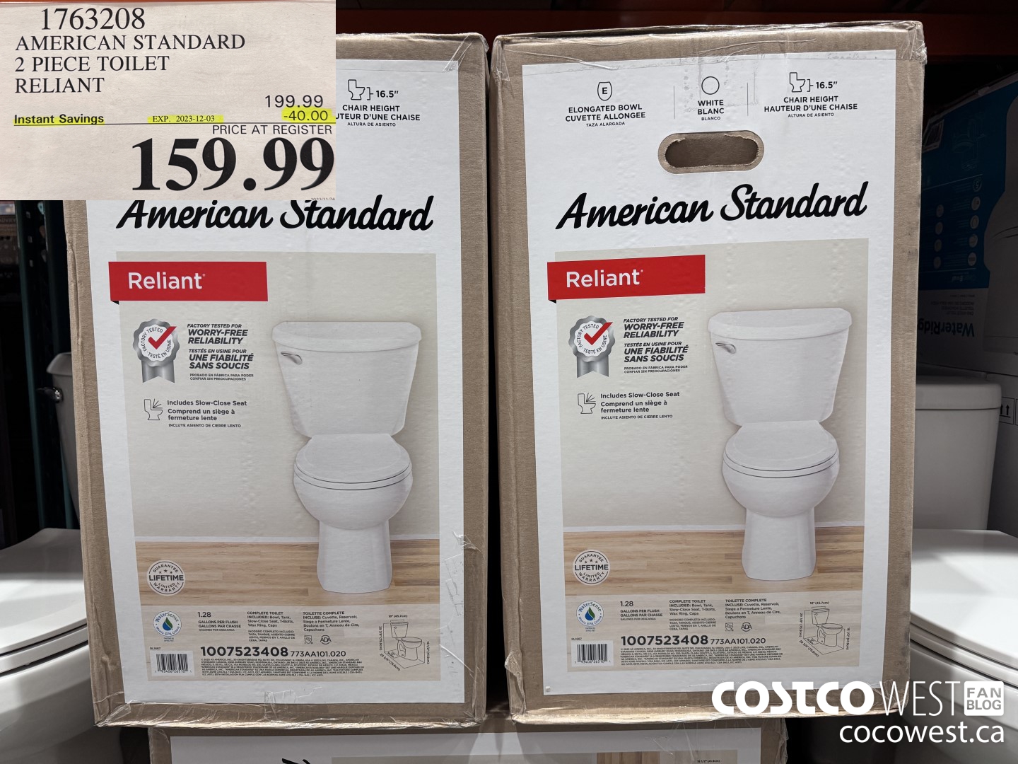 1763208 AMERICAN STANDARD 2 PIECE TOILET RELIANT ($40.00 INSTANT SAVINGS EXPIRES ON 2023-12-03) $159.99