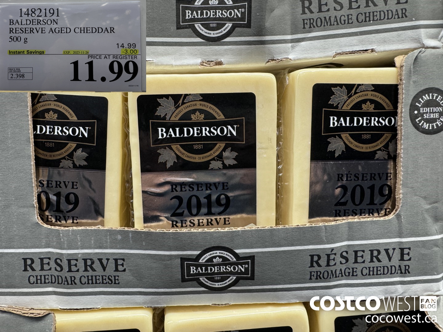 1482191 BALDERSON RESERVE AGED CHEDDAR 500 g ($3.00 INSTANT SAVINGS EXPIRES ON 2023-11-26) $11.99
