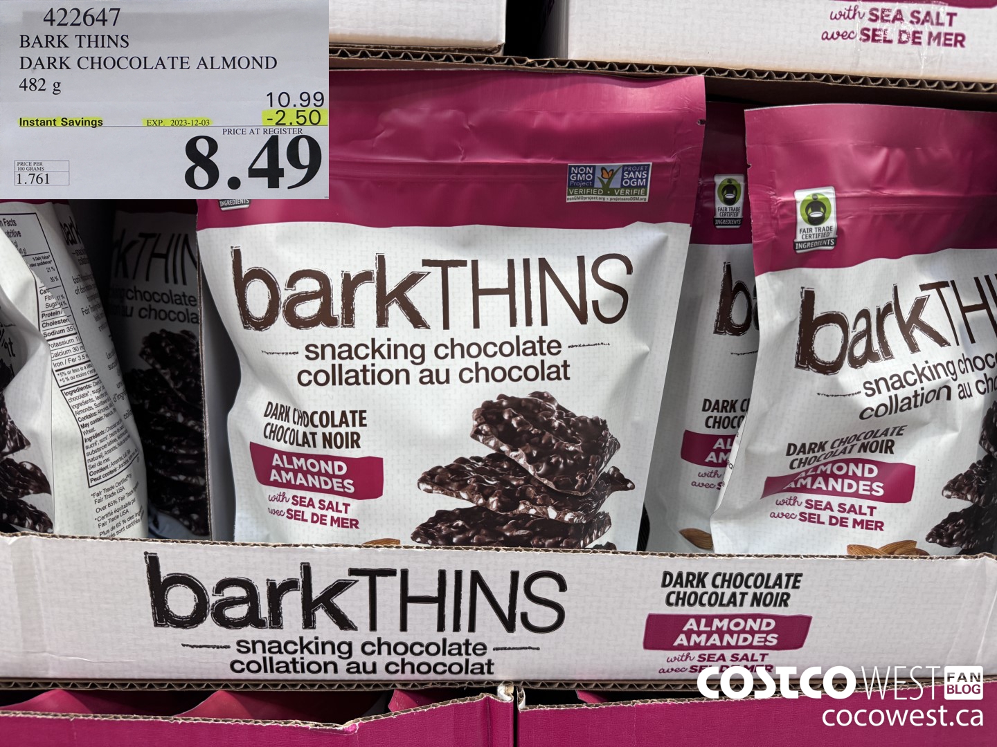 422647 BARK THINS DARK CHOCOLATE ALMOND 482 g ($2.50 INSTANT SAVINGS EXPIRES ON 2023-12-03) $8.49