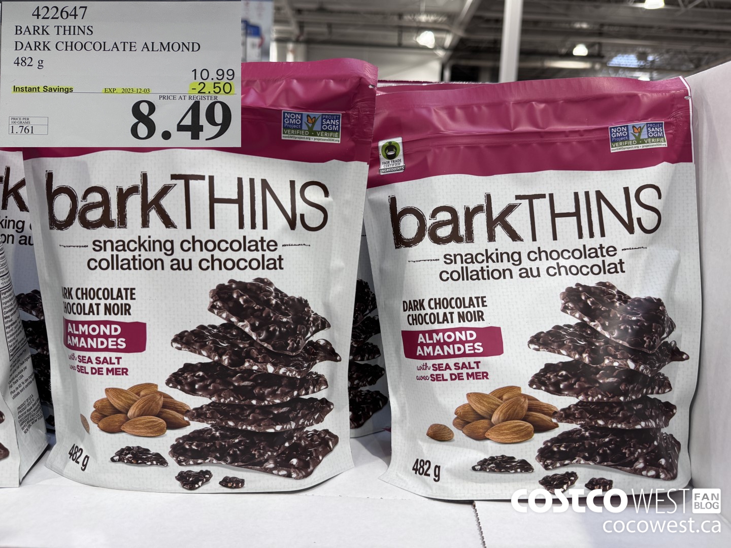 422647 BARK THINS DARK CHOCOLATE ALMOND 482 g ($2.50 INSTANT SAVINGS EXPIRES ON 2023-12-03) $8.49