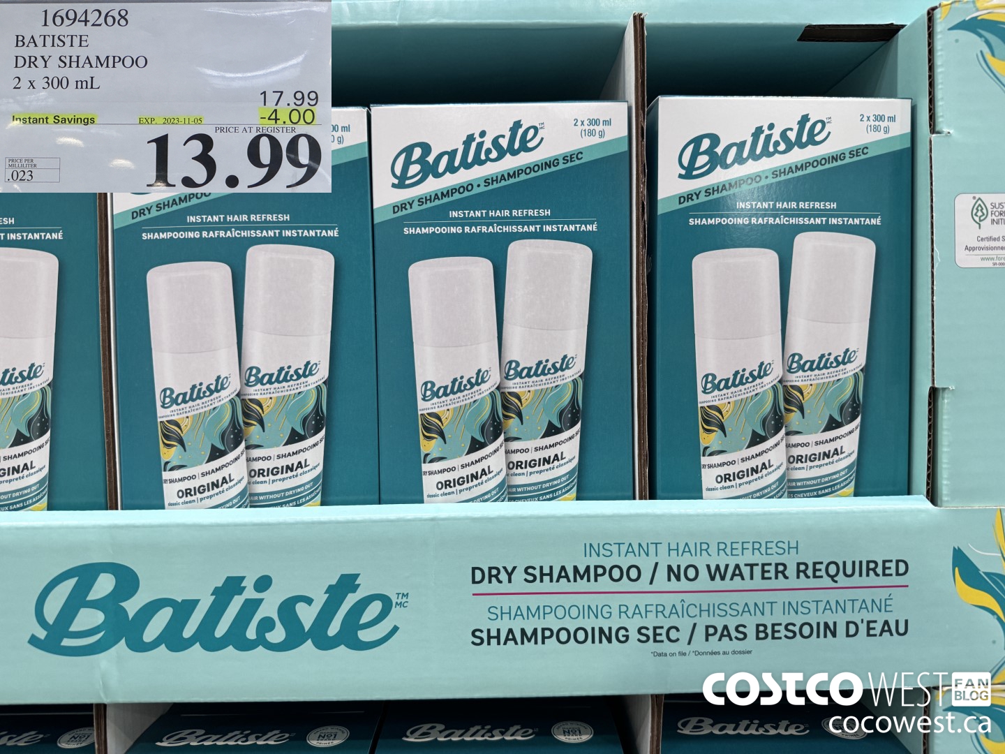 1694268 BATISTE DRY SHAMPOO 2 X 300 ML ($4.00 INSTANT SAVINGS EXPIRES ON 2023-11-05) $13.99