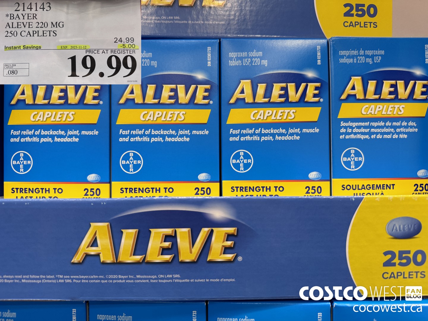 214143 BAYER ALEVE 220 MG 250 CAPLETS ($5.00 INSTANT SAVINGS EXPIRES ON 2023-11-12) $19.99