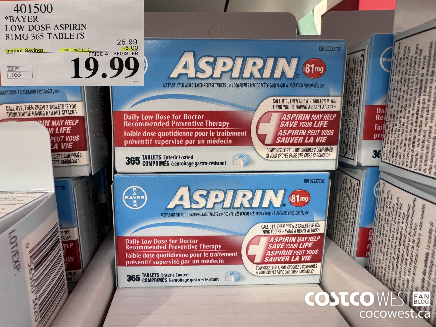 401500 BAYER COATED LOW DOSE ASA 365 81MG TABLETS ($6.00 INSTANT SAVINGS EXPIRES ON 2023-11-12) $19.99