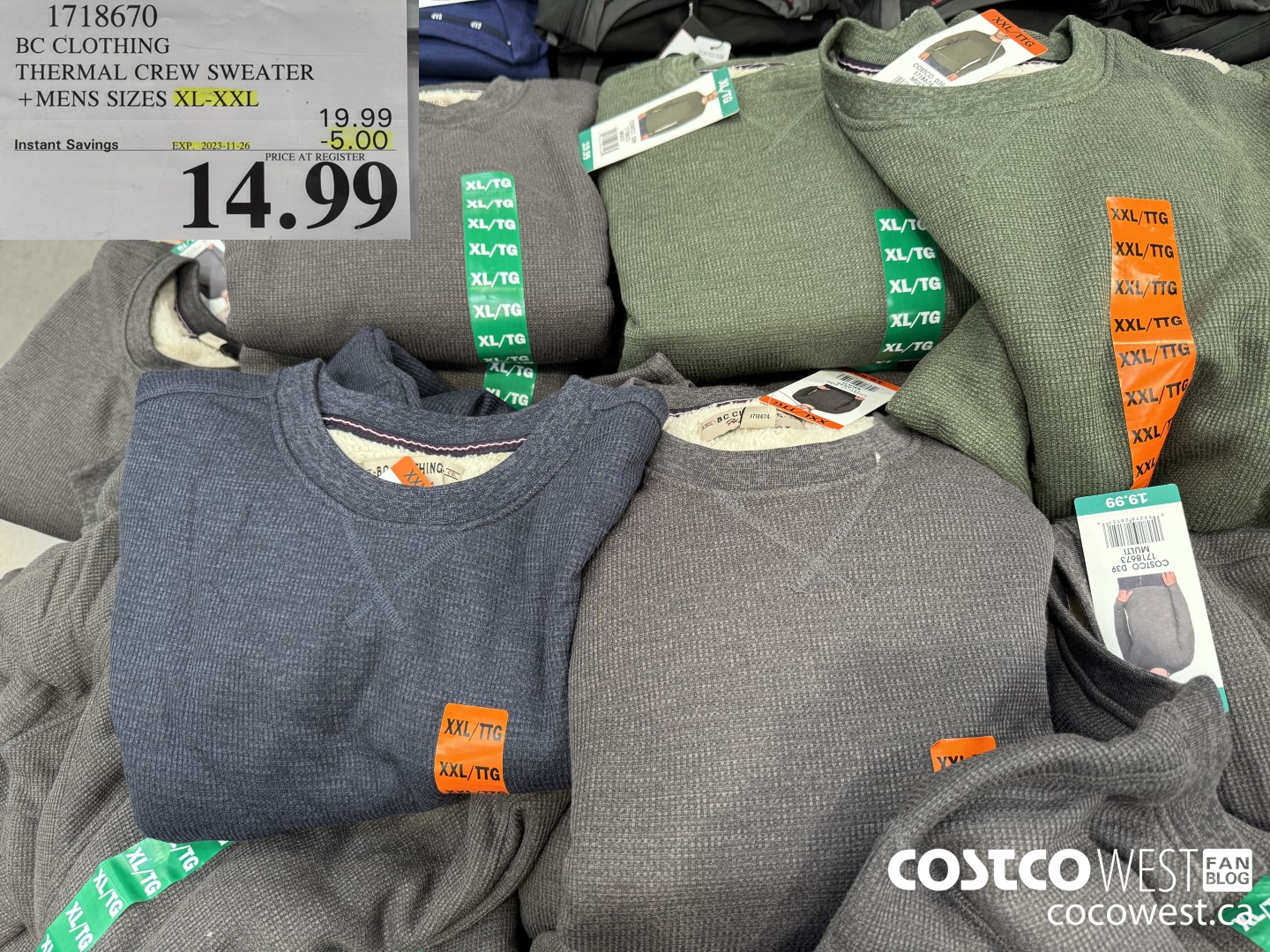 1718670 BC CLOTHING THERMAL CREW SWEATER MENS SIZES XL-XXL ($5.00 INSTANT SAVINGS EXPIRES ON 2023-11-26) $14.99