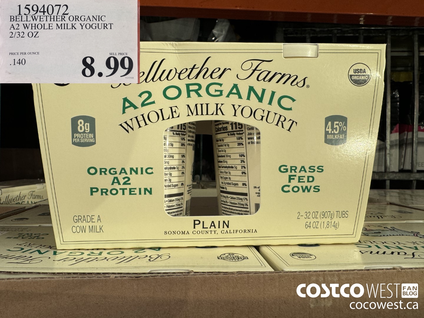 1594072 BELLWETHER ORGANIC A2 WHOLE MILK YOGURT 2/32 OZ $8.99