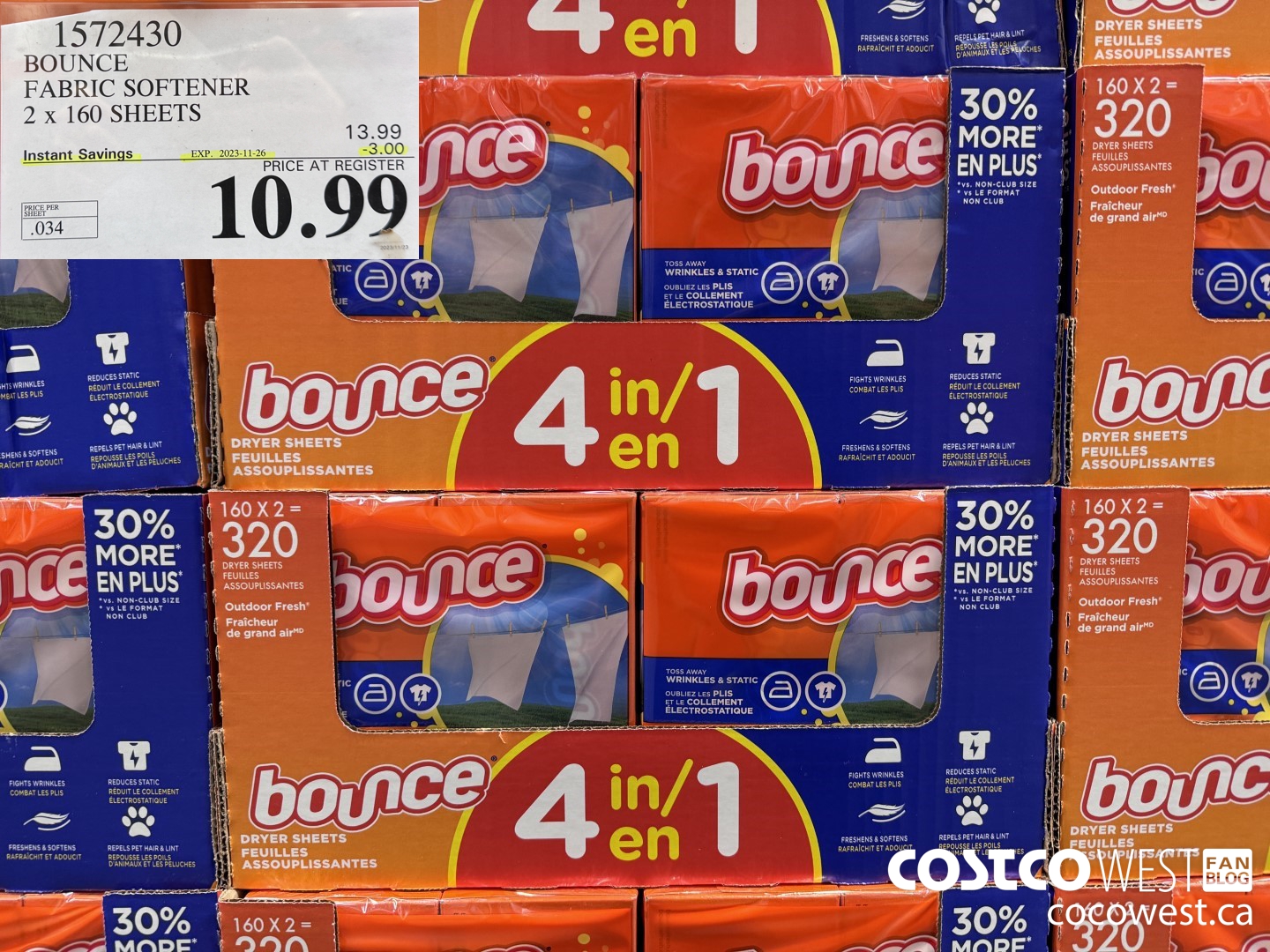 1572430 BOUNCE FABRIC SOFTENER 320 sheets ($3.00 INSTANT SAVINGS EXPIRES ON 2023-11-26) $10.99