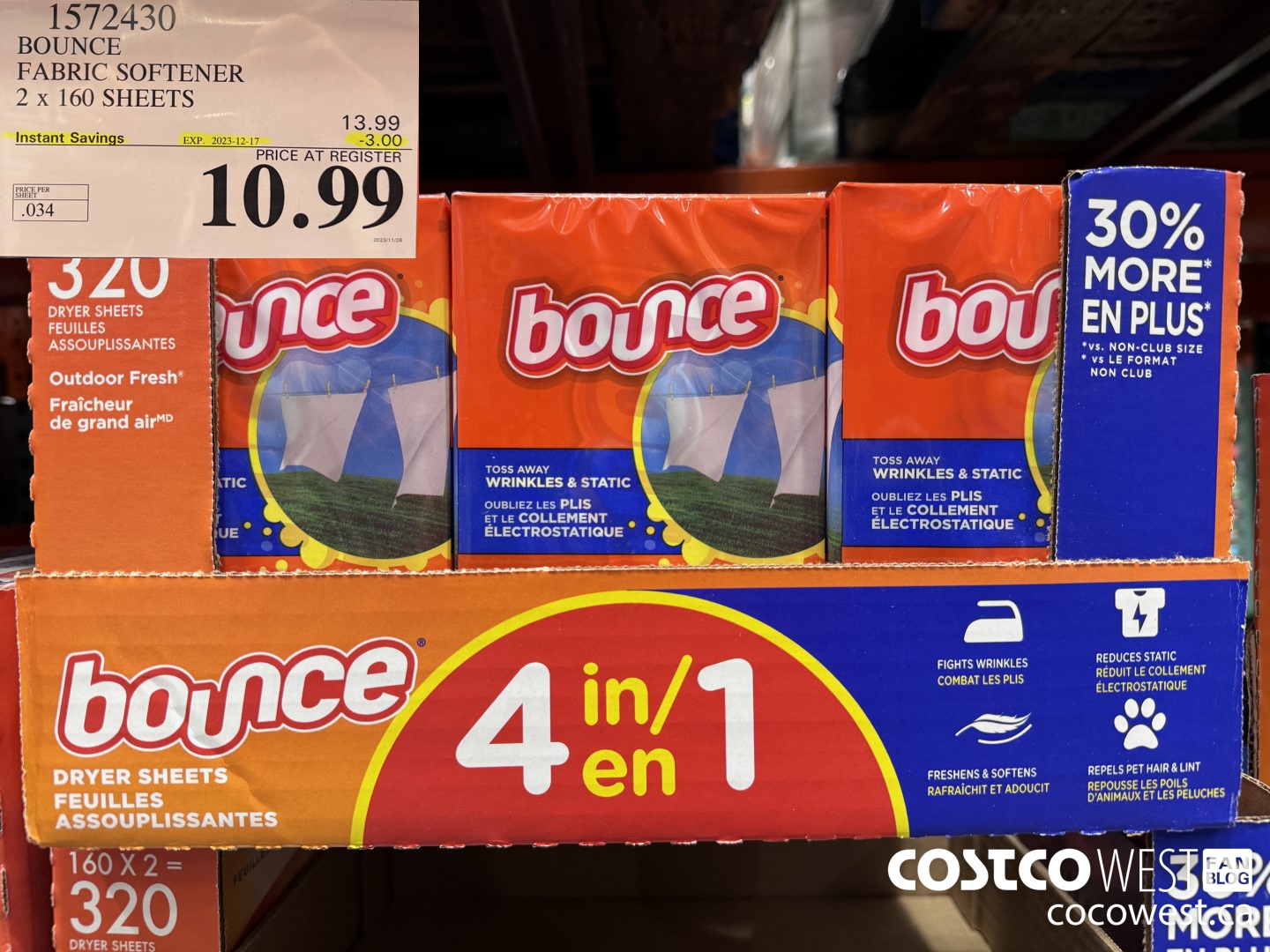 1572430 BOUNCE FABRIC SOFTENER 320 sheets ($3.00 INSTANT SAVINGS EXPIRES ON 2023-12-17) $10.99