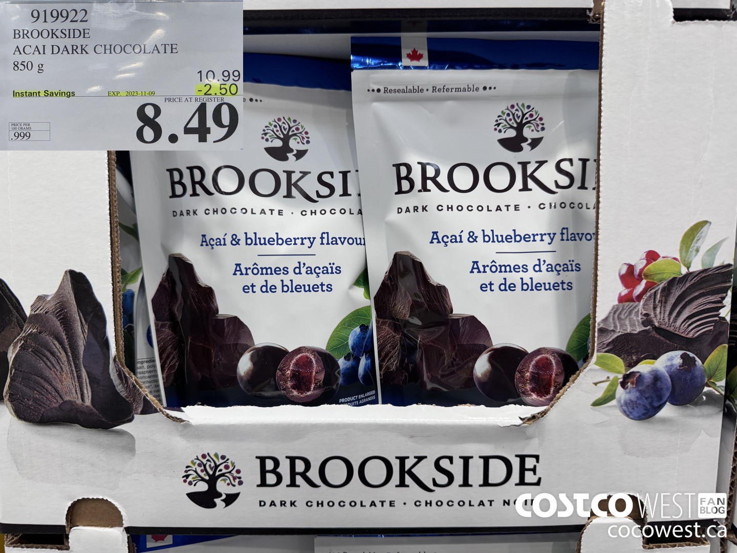 919922 BROOKSIDE ACAI DARK CHOCOLATE 850 g ($2.50 INSTANT SAVINGS EXPIRES ON 2023-11-09) $8.49