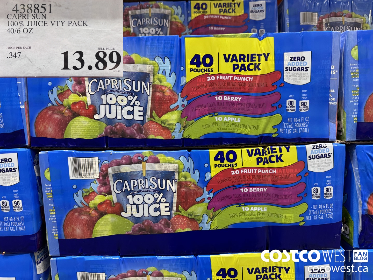 438851 CAPRI SUN 100% JUICE VTY PACK 40/6 OZ  $13.89