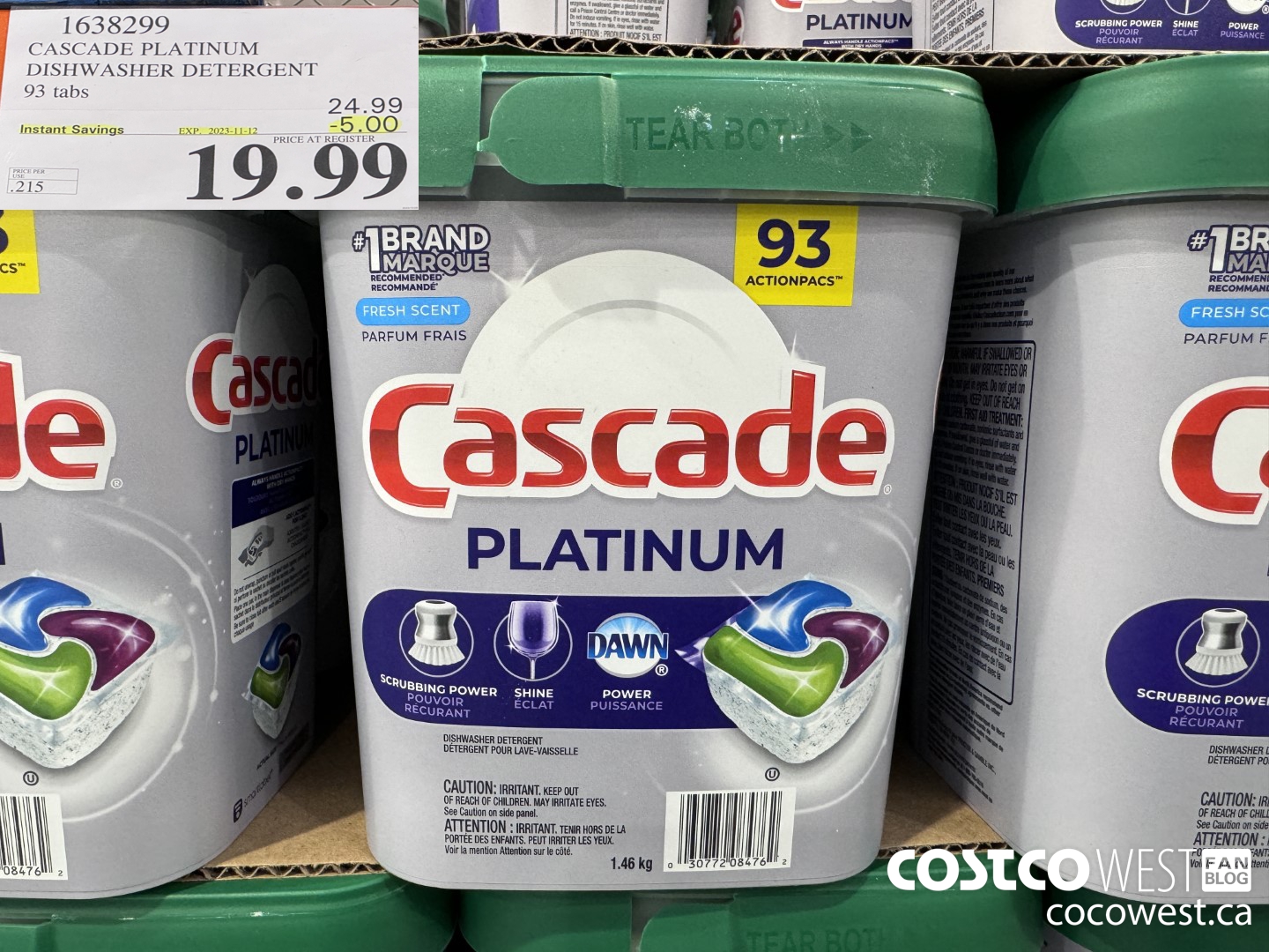 1638299 CASCADE PLATINUM DISHWASHER DETERGENT 93 TABS ($5.00 INSTANT SAVINGS EXPIRES ON 2023-11-12) $19.99