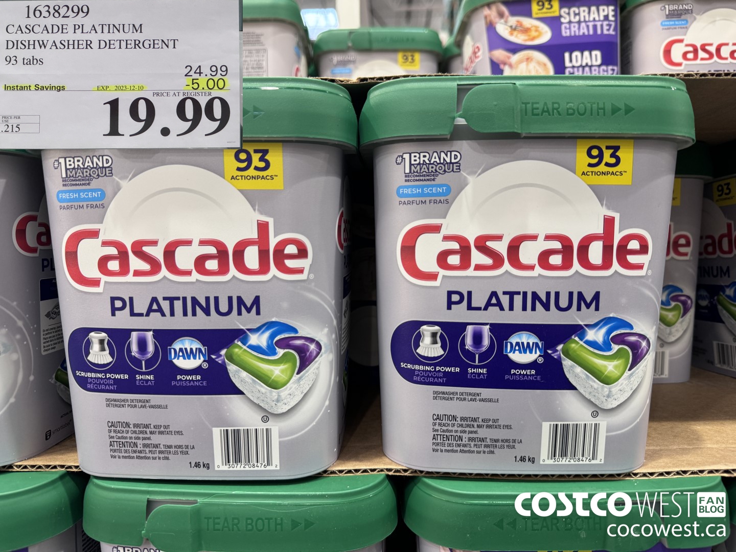 1638299 CASCADE PLATINUM DISHWASHER DETERGENT 93 TABS ($5.00 INSTANT SAVINGS EXPIRES ON 2023-12-10) $19.99
