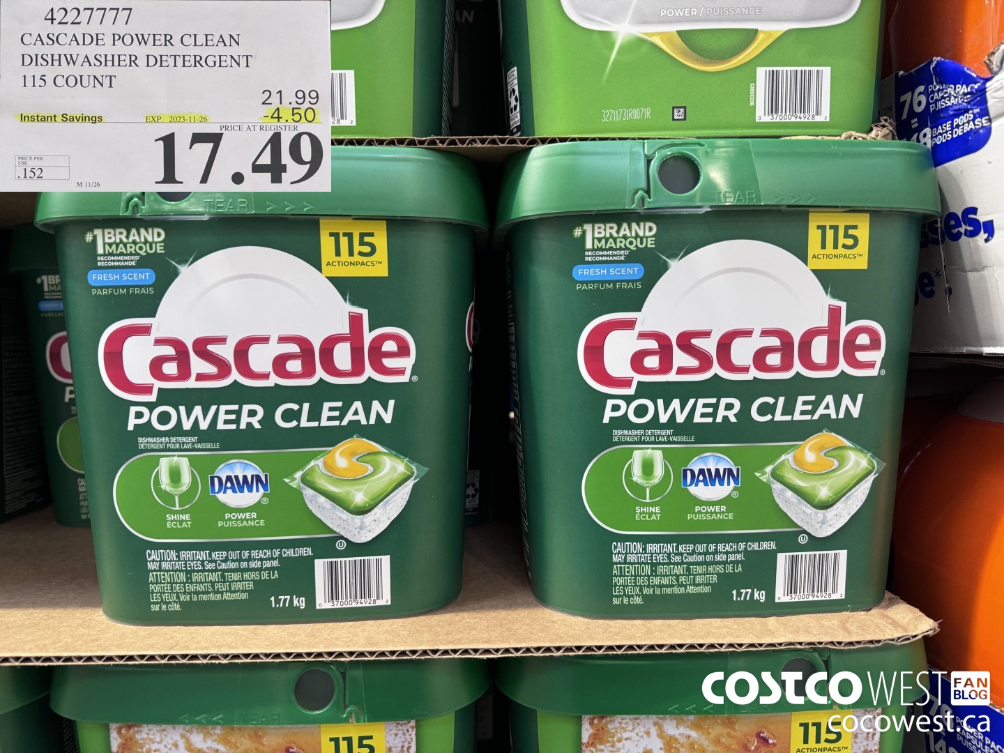 4227777 CASCADE POWER CLEAN DISHWASHER DETERGENT 115 COUNT ($4.50 INSTANT SAVINGS EXPIRES ON 2023-11-26) $17.49