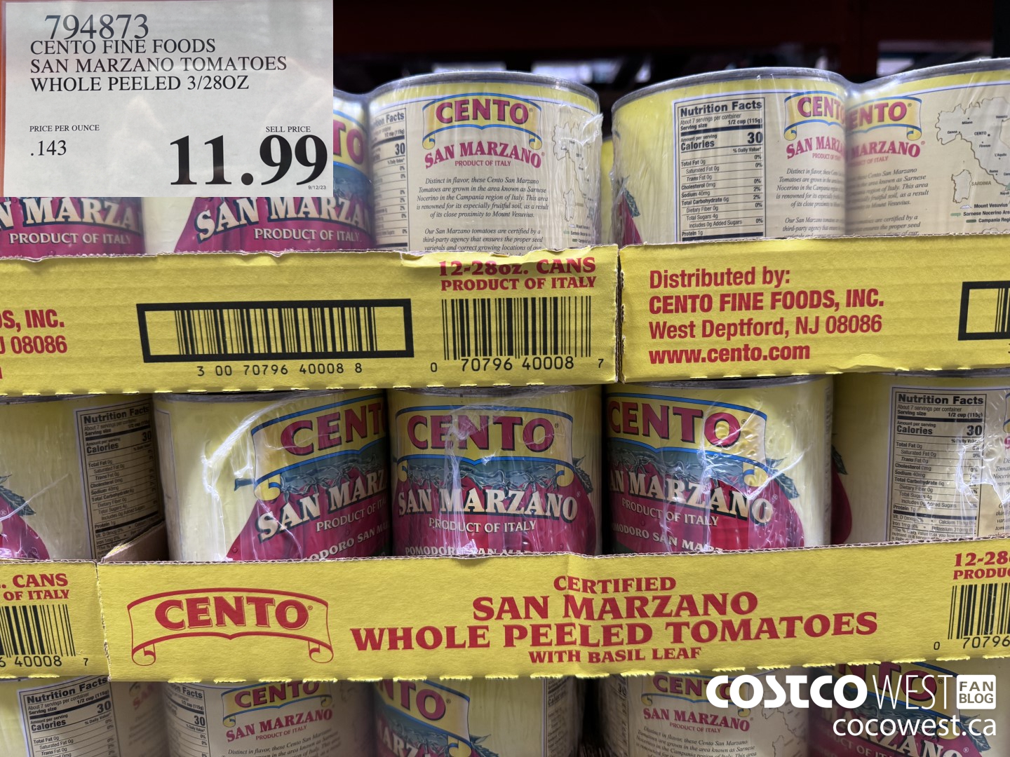 794873 CENTO FINE FOODS SAN MARZANO TOMATOES WHOLE PEELED 3/280Z  $11.99