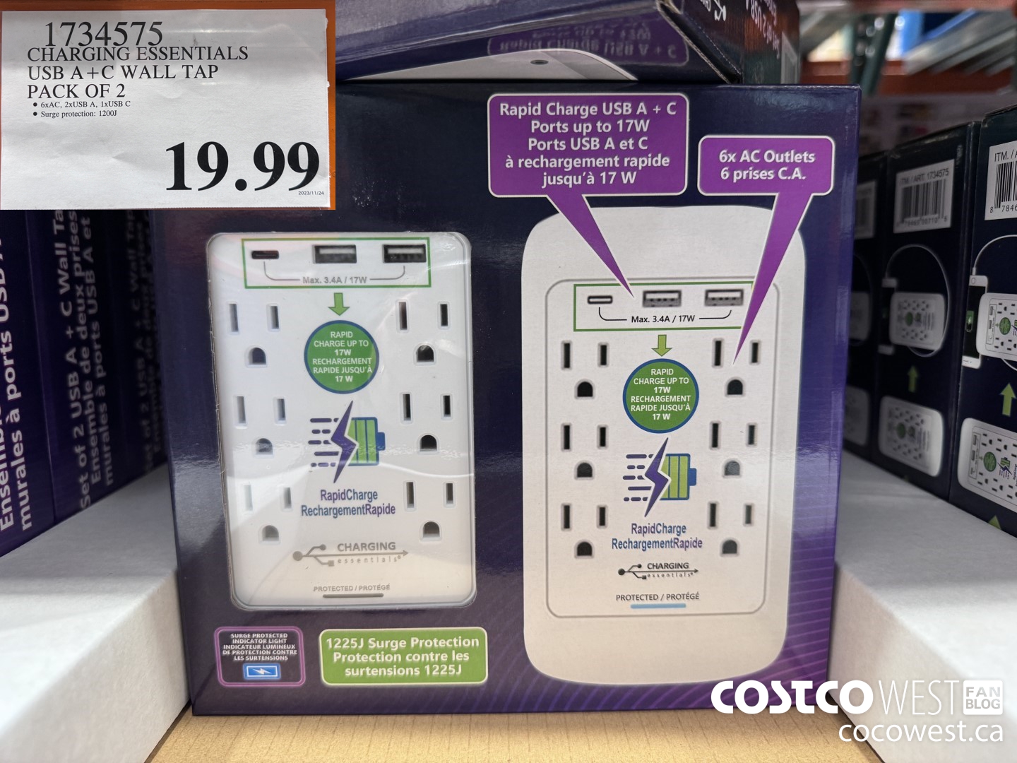 1734575 CHARGING ESSENTIALS USB A+C WALL TAP PACK OF 2 $19.99