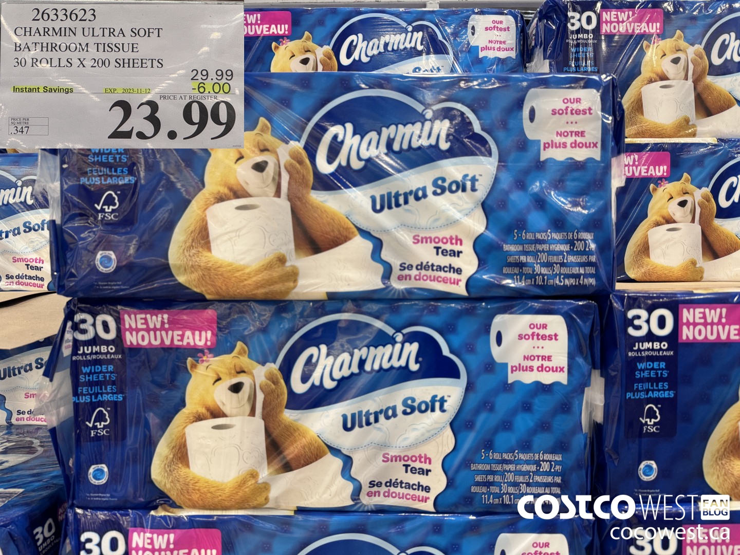 2633623 CHARMIN ULTRA SOFT BATHROOM TISSUE 30 ROLLS X 200 SHEETS ($6.00 INSTANT SAVINGS EXPIRES ON 2023-11-12) $23.99
