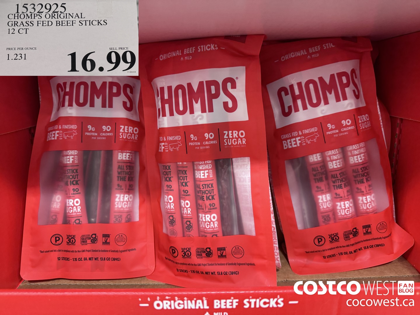 1532925 CHOMPS ORIGINAL GRASS FED BEEF STICKS 12 CT $16.99