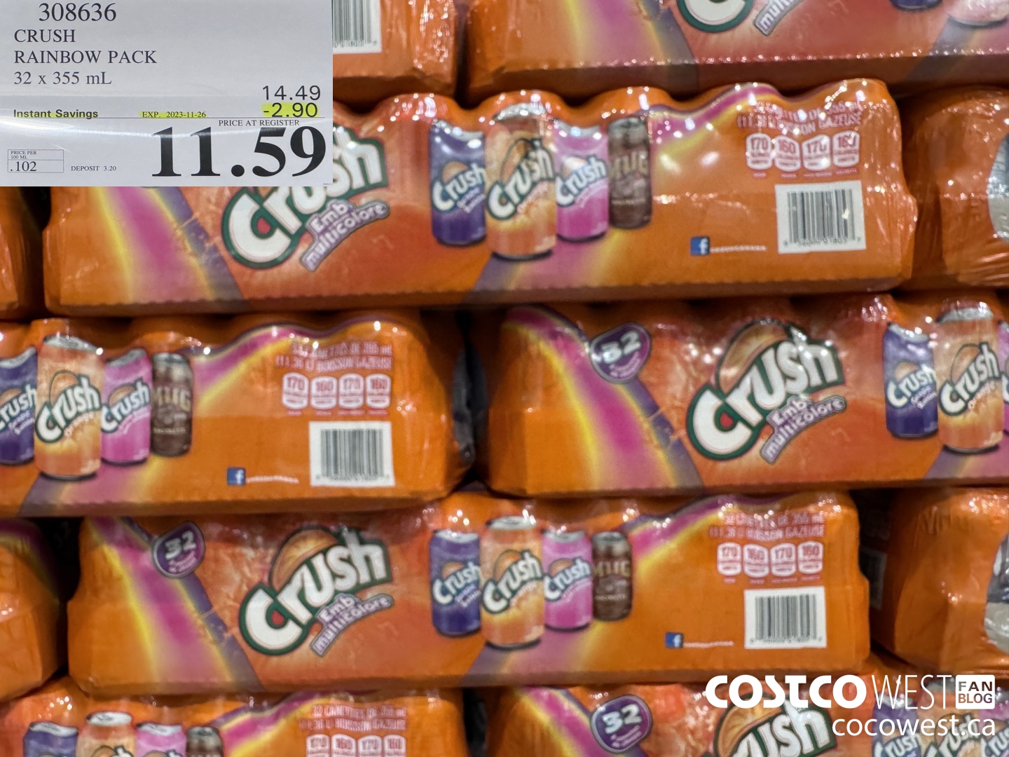 308636 CRUSH RAINBOW PACK 32 X 355 ML ($2.90 INSTANT SAVINGS EXPIRES ON 2023-11-26) $11.59