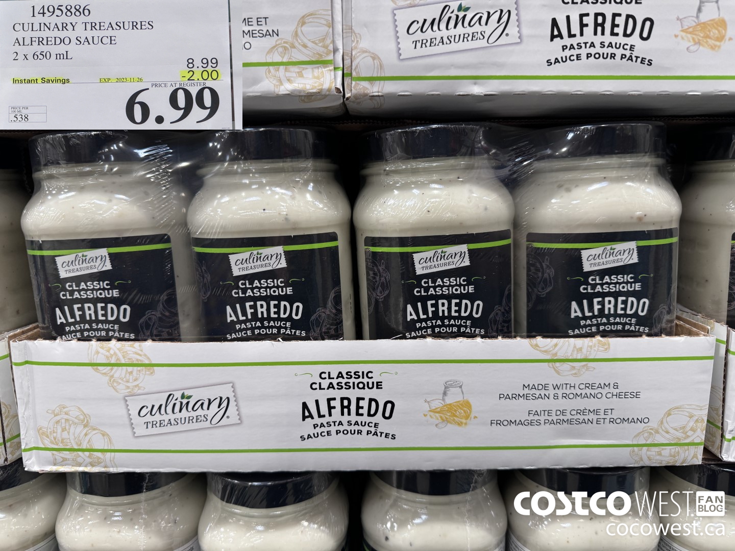 1495886 CULINARY TREASURES ALFREDO SAUCE 2 x 650 mL ($2.00 INSTANT SAVINGS EXPIRES ON 2023-11-26) $6.99