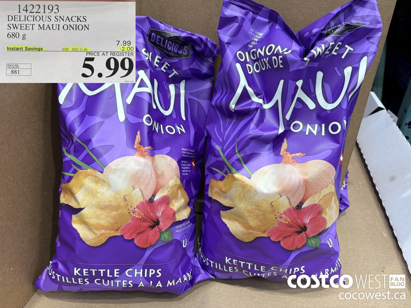 1422193 DELICIOUS SNACKS SWEET MAUI ONION 680 g ($2.00 INSTANT SAVINGS EXPIRES ON 2023-11-26) $5.99
