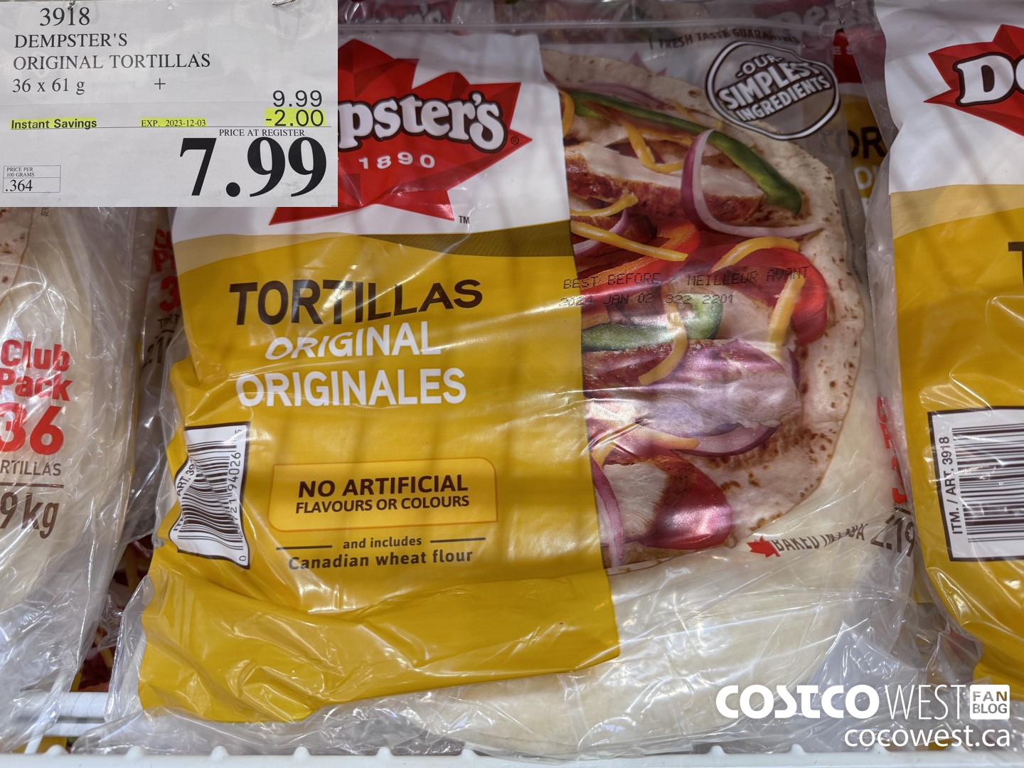 3918 DEMPSTER'S ORIGINAL TORTILLAS 36 X 61 G ($2.00 INSTANT SAVINGS EXPIRES ON 2023-12-03) $7.99